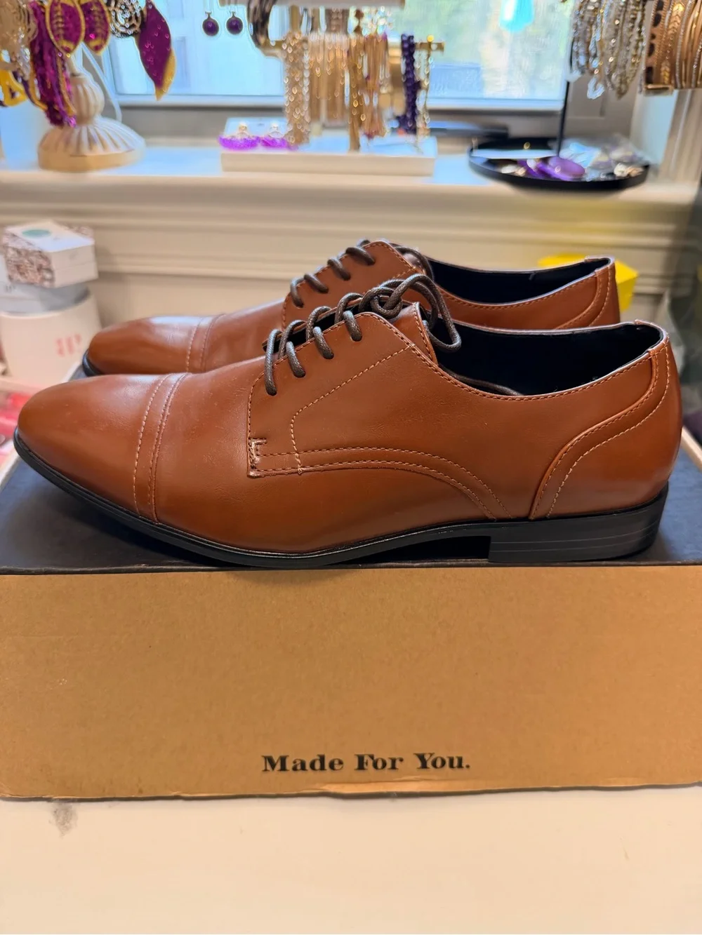 Alfani Tan Leather Cap-Toe Derby Dress Shoes